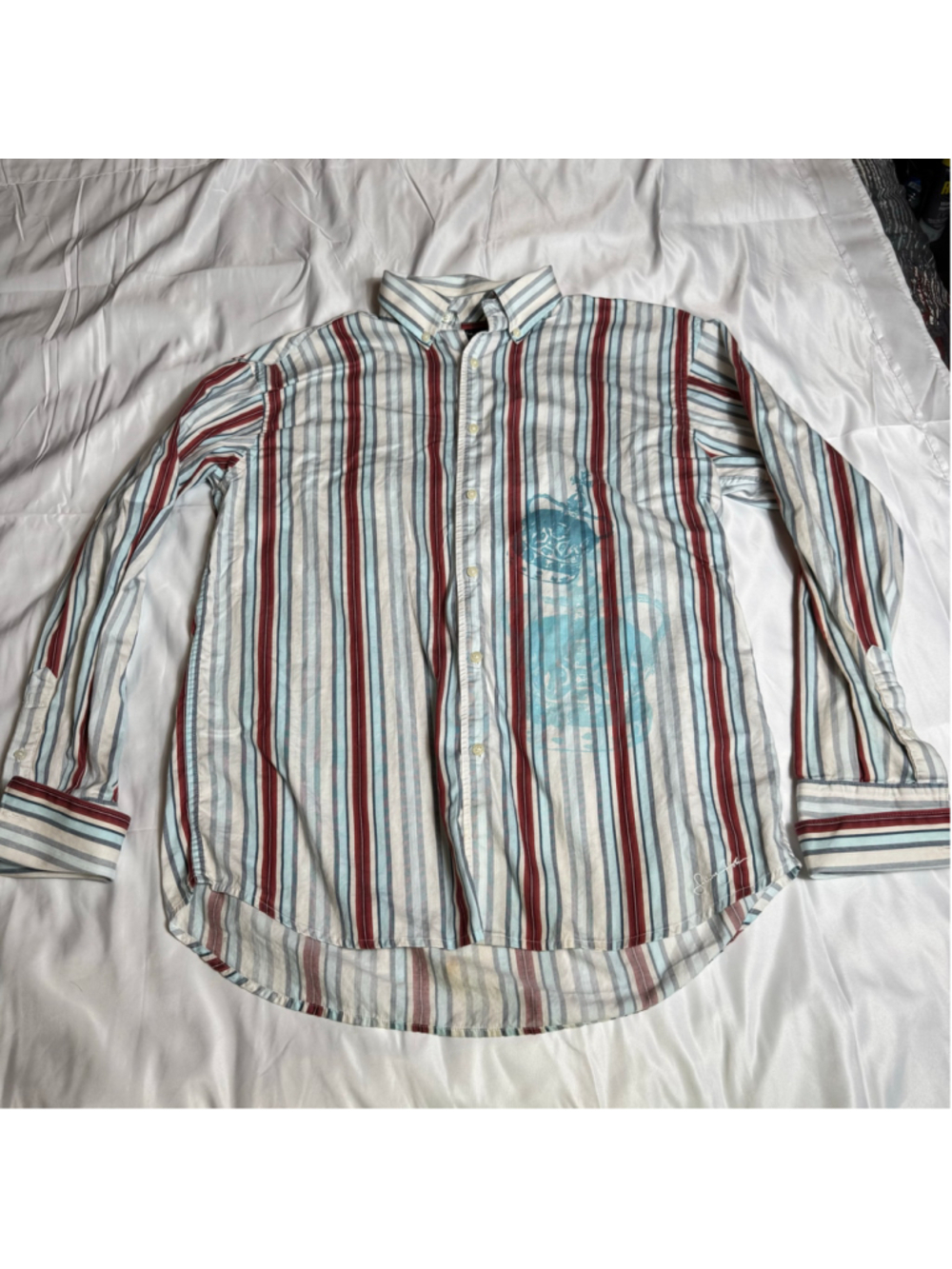 Men's Sean John XL Striped Casual Button Down Shirt in White and Red